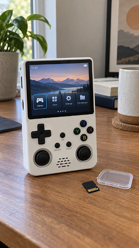 Illustration de la console R36S blanche avec une microSD sur un bureau